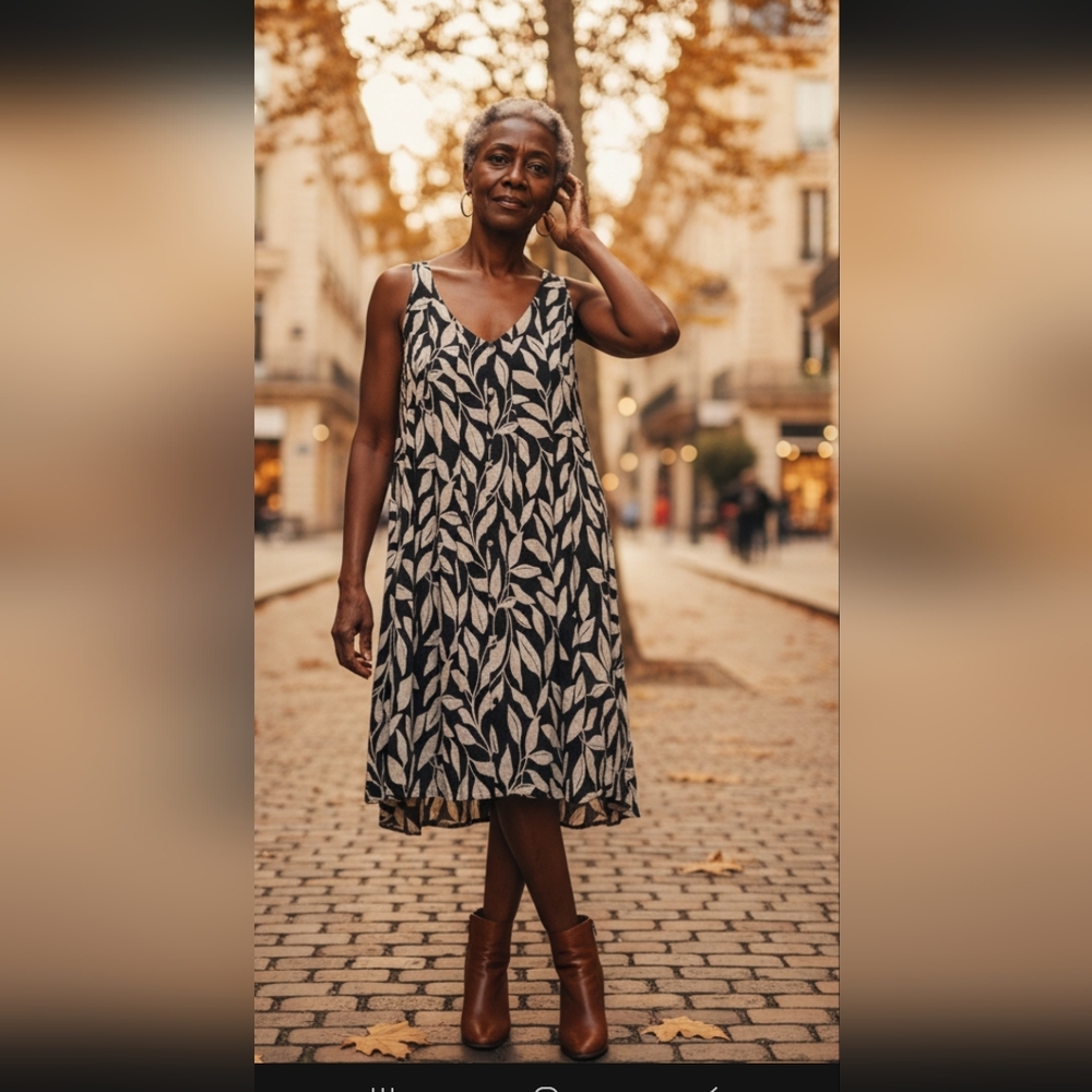 Ava & Viv Black and Cream Leaf-Print Mini Dress